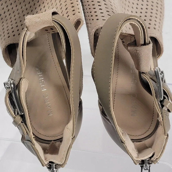 MARC FISHER Women's 8 Tan Stacked Chunky Heel Open‎ Toe Ankle Strap Booties Boho - Picture 10 of 12